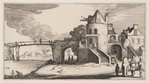 Bro med tullhus, från Landskap (Playsante Lantschappen) av Claes Jansz. Visscher II