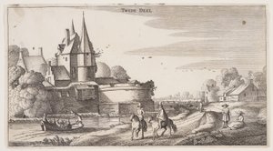 Landsväg längs en by med en bastion, från Landscapes (Playsante Lantschappen) av Claes Jansz. Visscher II