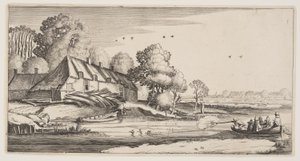 Andjakt från en radbåt nära en gård, från Landscapes (Playsante Lantschappen) av Claes Jansz. Visscher II