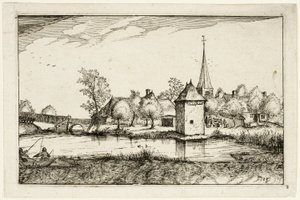 Damm och en by, plansch femton efter Bilder av gårdar, lanthus och rustika byar (Praediorum villarum et rusticarum casularum icones) av Claes Jansz. Visscher II
