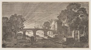 Solnedgång över en flod, från Landscapes (Playsante Lantschappen) av Claes Jansz. Visscher II
