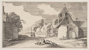 Tre bönder vilar vid en vägkorsning i en by, från Landskap (Playsante Lantschappen) av Claes Jansz. Visscher II
