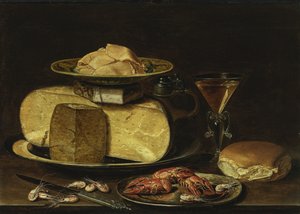 Stilleben med ostar, Glas à la façon de Venise och kräftor på en tennfat