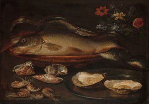 Stilleben med fisk, skaldjur och blommor