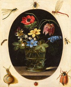 Stilleben med blommor omgivna av insekter och en snigel