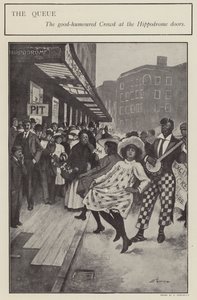 En godmodig kö utanför dörrarna till London Hippodrome (litho) av Clarence F. Underwood
