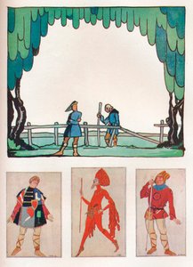 Scenery för As You Like It Act I, Scene I och Costumes of Amiens and Lebeau, 1919