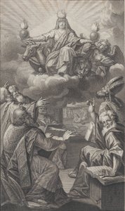 Allegorisk figur som dyker upp på molnen över huvudet medan en grupp män som samlats nedan ser ut..., 1728.