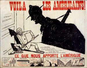Här är amerikanerna och vad Amerika ger oss - affisch om den amerikanska krigsansträngningen, ill. av Charles Saunier (född 1865) av Claude-Charles (attr. to) Saunier