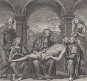 Kristus i graven, vilande över Jungfruns knä, efter Perugino, ca. 1685-1727. av Claude Duflos