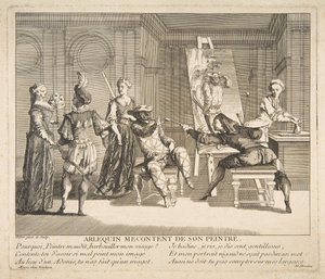 Harlequin Missnöjd med sin målare.n.d. Skapare: Claude Gillot, Jacques Gabriel Huquier.