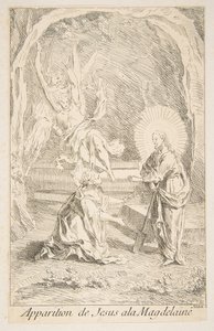 Kristus visar sig för Maria Magdalena.a.n.d. Skapare: Claude Gillot, Jacques Gabriel Huquier. av Claude Gillot, Jacques Gabriel Huquier