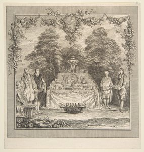Mellanmålet tillagat i en trädgård.n.d. Skapare: Claude Gillot, Jacques Gabriel Huquier.