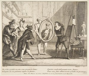 Pierrot och Scaramouche visar porträttet av Harlequin.n.d. Skapare: Claude Gillot, Jacques Gabriel Huquier.
