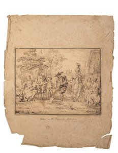 Les quatre âges de la vie: Sju figurer i en trädgård, en gräver med en spade (penna och brunt bläck) av Claude Gillot