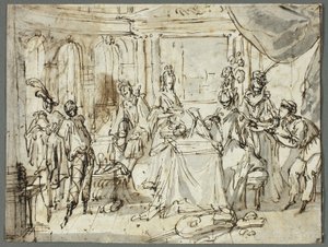 Skådespelarna gör sig redo (recto); Studier av den heliga familjen och Johannes Döparen (verso) av Claude Gillot