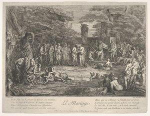Äktenskapet Le Mariage: i en skog gifter sig en gammal satyr med den trolovade i cen..., ca. 1700-1720. av Claude Gillot