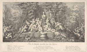 Dianafestivalen, avbruten av satyrerna Feste de Diana, perturbée par des Satyres..., ca. 1786. av Claude Gillot