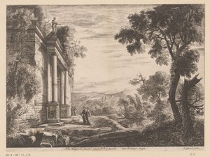 Landskap med figurer framför en antik ruin av Claude Goyrand