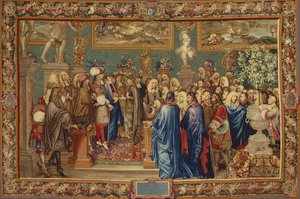 En audiens beviljad av Ludvig XIV till greven av Fuentes... vid Louvren, 24 mars 1662, ca 1730. av Claude I, Ballin