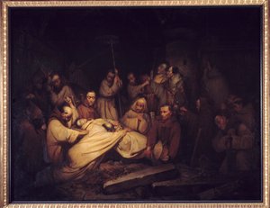 Greven av Comminges. Sista scenen av minnesmärkena av greven av Comminges som representerar greven av Comminges som erkänner Adelaide efter hans död. Målning efter romanen av Francois de Baculard d