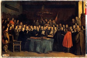 Freden i Westfalen, eden efter ratificeringen av freden mellan spanjorerna och Needlanders, i Munsters stadshus den 15/05/1648. De avslutade det trettioåriga kriget. Målning av Claudius Jacquand