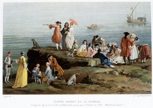 Joseph Vernet och hans familj - 1800-talsrepro. av ett fragment av utsikten över hamnen i Marseille målad av Vernet 1753 (Louvren)