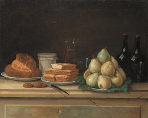 Päron och bröd på tallrikar, med flaskor vin och glas på en stenkant (olja på duk) av Claude Joseph Fraichot