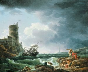 En storm med skeppsbrott vid en fästning, en kastaway i förgrunden, 1769