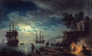 Månskensfiske Nattvy av en hamn med män som gör en lägereld. Målning av Joseph Vernet av Claude Joseph Vernet
