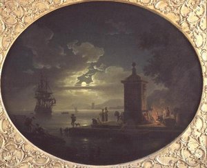 Natt: Ett månbelyst kustlandskap med fiskare vid en eld på en kaj, en krigsman bortom av Claude Joseph Vernet