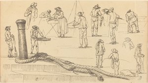 Kajfigurer och en längd av rep fäst vid en pollare av Claude Joseph Vernet