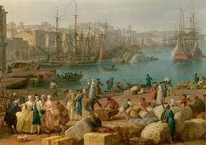Hamnen i Marseille på 1700-talet Detalj som representerar lossningen av varor. Målning av Joseph Vernet (1714-1789) 1700-talets Paris. Marinmuseum