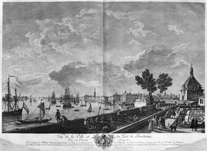 Utsikt över staden och hamnen i Bordeaux sett från Chateau Trompette, serie "Les Ports de France", graverad av Charles Nicolas Cochin den yngre av Claude Joseph Vernet