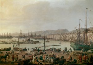 Utsikt över hamnen i Toulon. Detail, den gamla hamnen, utsikt från butikernas kust. Målning av Joseph Vernet (1714-1789) 1756. Paris, Musee de la Marine - Utsikt över hamnen i Toulon. Detalj. Målning av Joseph Vernet (1714-1789), olja på duk
