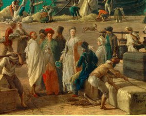 detalj av: Marseilles hamn på 1700-talet”” Detalj som representerar lossningen av varor. Målning av Joseph Vernet (1714-1789) 1700-talets Paris. Marinmuseum av Claude Joseph Vernet