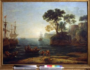 Ankomst av Aeneas till Italien. Skapandet av det romerska riket. (Aeneas ankomst till Italien. Romarrikets morgon). Målning av Claude Gellee sa Claude Le Lorrain (1600-1682). Olja på duk. Barockkonst. Pushkin Museum of Fine Arts, Moskva