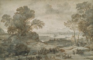 Landskap med Kristus som predikar bergspredikan (penna och brunt bläck med grå tvätt på papper) av Claude Lorrain