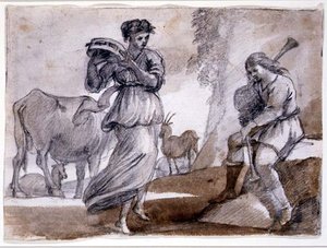 Landsbygdsdans (svart & röd krita och tvätt på papper) av Claude Lorrain