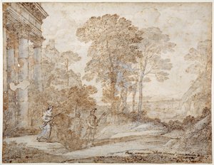 Mötet mellan Venus och Aeneas, ca 1678 (penna och bläck med tvätt på papper) av Claude Lorrain