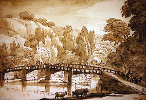 Skogbevuxen landskap (penna & bläck och tvätt på papper) av Claude Lorrain