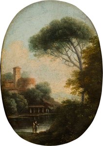 A Wooded Lake landscape, c.1620-82 (olja och duk på panel)