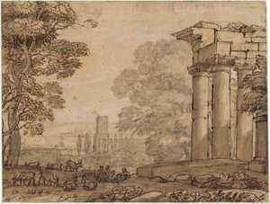 Landskap med ruiner, pastorala figurer och träd av Claude Lorrain