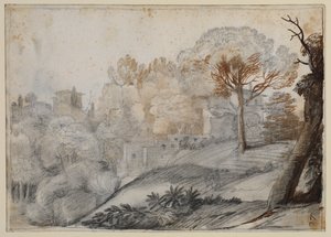 Landskap med träd och byggnader av Claude Lorrain