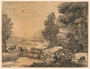 Herde och herdinna samtalar i ett landskap av Claude Lorrain