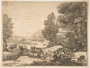 Herde och herdinna samtalar i ett landskap, ca. 1651. av Claude Lorrain