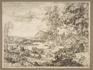 Herde och herdinna samtalar i ett landskap, ca. 1651. av Claude Lorrain