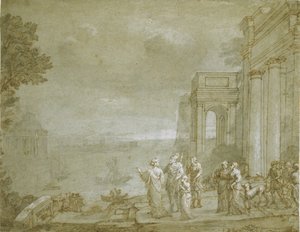 Vy över Kartago med Dido och Aeneas, 1676 (penna och bläck med tvätt och krita, förhöjd med vitt på papper) av Claude Lorrain