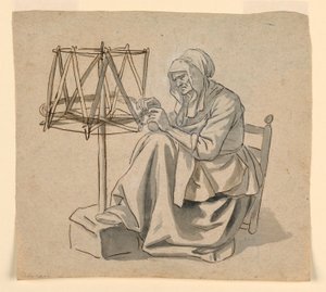 Teckning, En gammal kvinna som spinner, 1810-30 av Claude Louis Desrais
