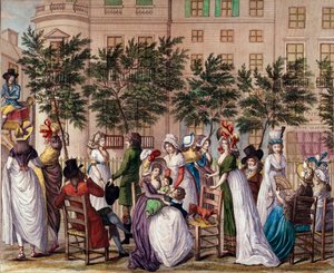 Mode under styrelsen: "Le petit Coblenz", strandpromenaden Boulevard des Italians i Paris. Litografi av Claude Louis Desrais (1746-1816) 1798. Paris, Musee Carnavalet av Claude Louis Desrais